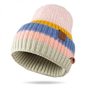 **Beanie SS Fall Winter Color-Block Cozy Knit Ribbed Brim Hat with Buttons Pink
